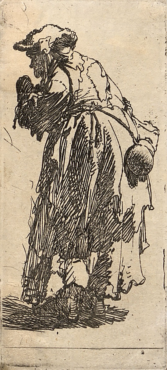 <strong>Рембрандт Харменс ван Рейн (1606–1669)</strong><br /><p>Старая нищенка с тыквенной бутылкой<br />
Около 1630<br />
Офорт<br />
Научно-исследовательский музей при Российской академии художеств</p>

